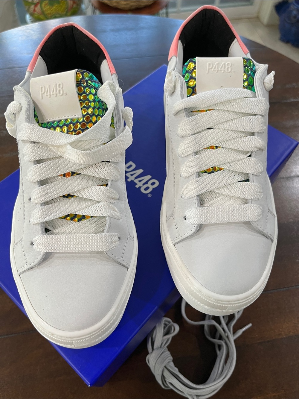 P448 White Leather Sneakers with Iridescent Tongue & Pink Collar New in Box